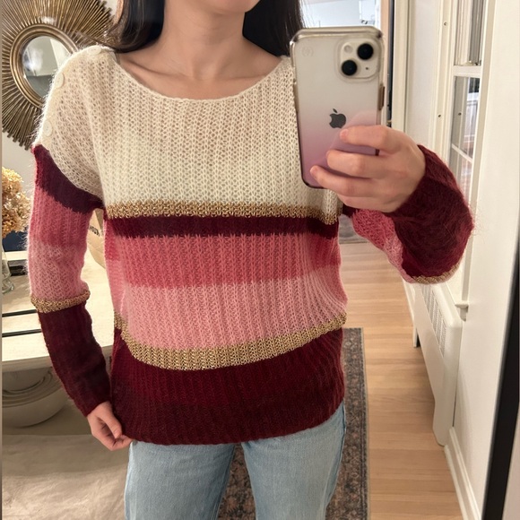 SEZANE open knit color block Tonia wool/ kid mohair boat neck sweater sz L - Picture 9 of 11